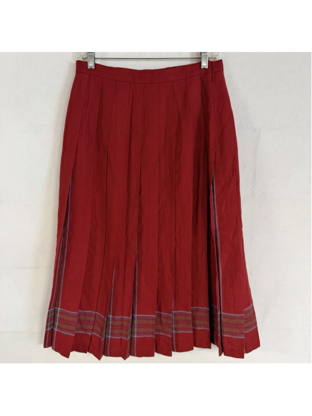 Vintage LL Bean Wool Pleated Skirt Womens 14 Red Midi Made Scotland 90s Preppy